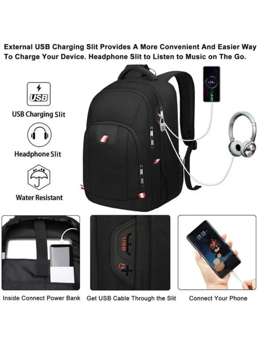 Della Gao Laptop Backpack 15.6 Inch USB Charging Water Resistant Travel Bag
